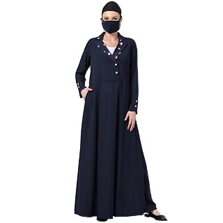 Designer Coat abaya with printed Contrast- Navy Blue